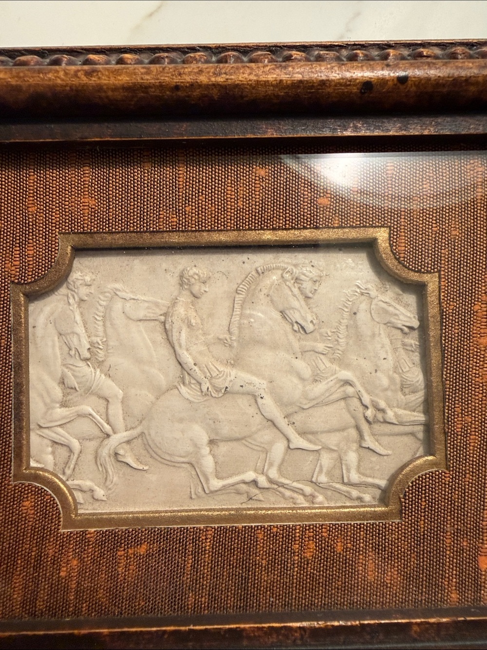 Vintage Petite Alabaster Horse Riding Relief in Wood Frame under Glass - Picture 3 of 7